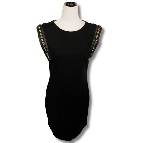 DEX Black pencil dress w/ pleather and gold tone chain detailing ~ MEDIUM LARGE - Picture 1 of 15